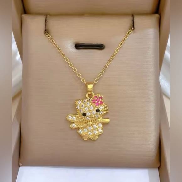 18K Gold Hello Kitty W/ Angel Wings & Flower Bow Pave Diamond Inlay Necklace - Picture 7 of 7